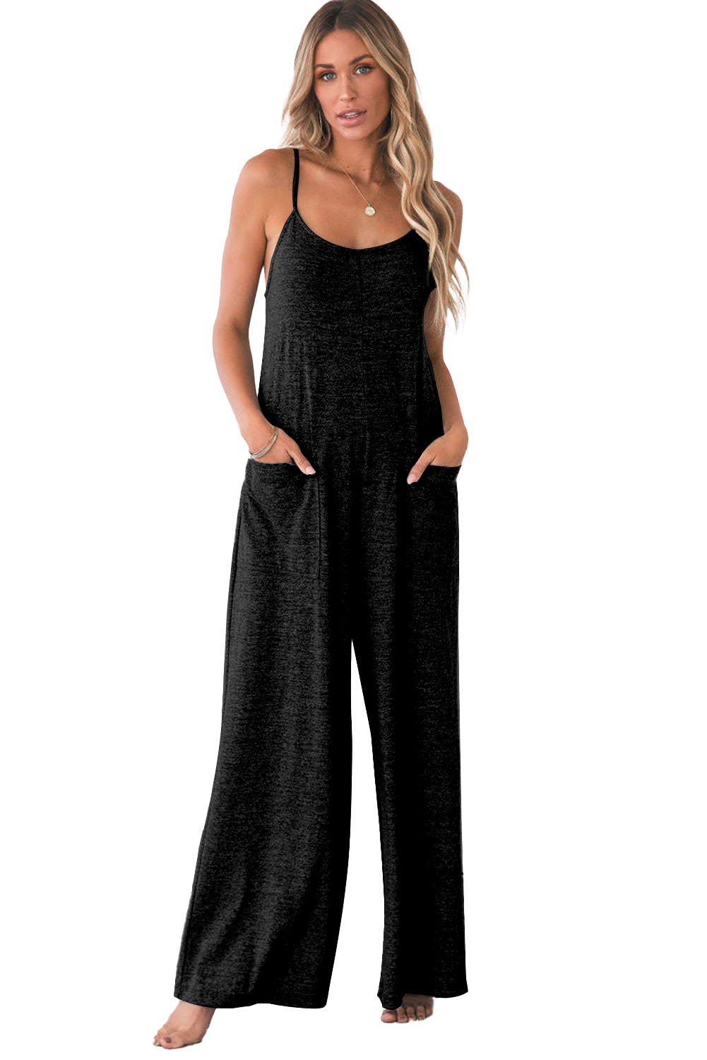 Gray Loose Fit Side Pockets Spaghetti Strap Wide Leg JumpsuitMaterial:65%Polyester+30%Cotton+5%Elastane



		Featuring a loose fit, the wide leg
jumpsuit provides freedom of movement
	
	
		Spaghetti straps highlight wome