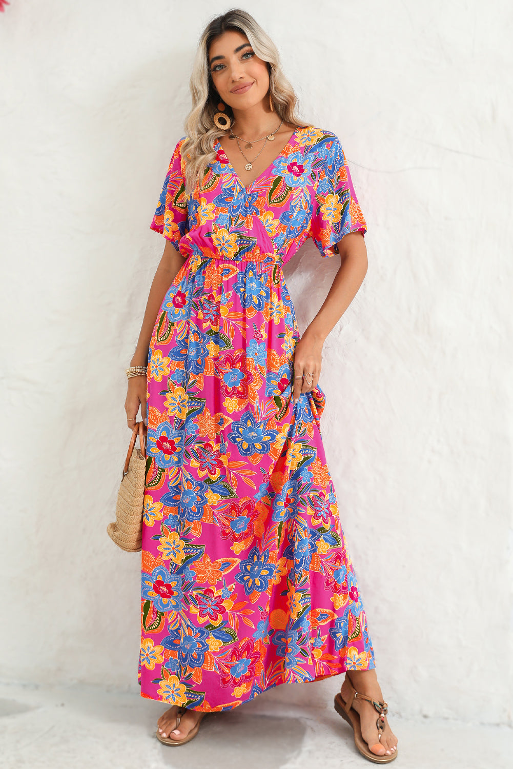 Abstract Botanic Print Wrap V Neck Short Sleeve Maxi DressMaterial:100%Viscose



		•The wrap style makes it a flattering and comfortable option for all body types.
	
	
		•The short sleeves make it ideal for warmer wea