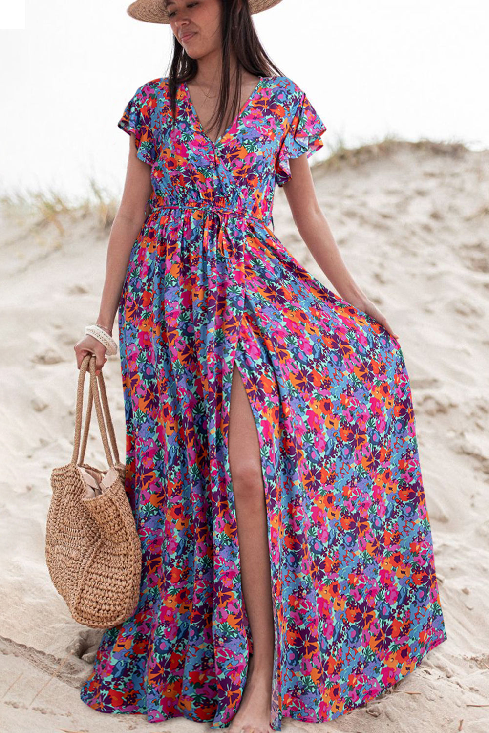 Blue Boho Floral Print V Neck Wrap Split Maxi DressMaterial:100%Viscose



		This high waist dress elongates the silhouette and creates a flattering hourglass shape
	
	
		The side slit adds a touch of allure and