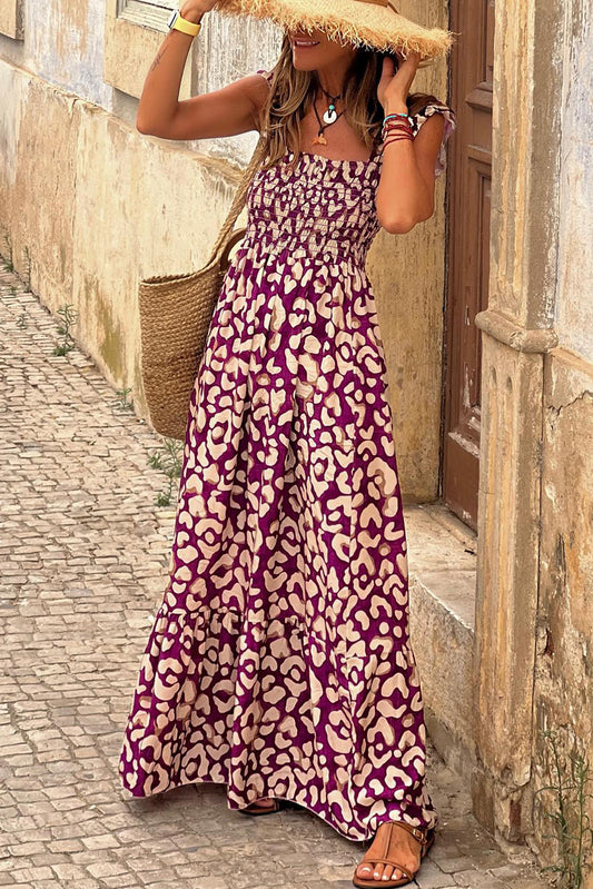 Rose Leopard Ruffle Straps Smocked High Waist Maxi DressMaterial:80%Viscose+20%Polyamide



		This dress with print is a fashionable choice for any occasion
	
	
		Its leopard print adds a trendy touch while the ruffl