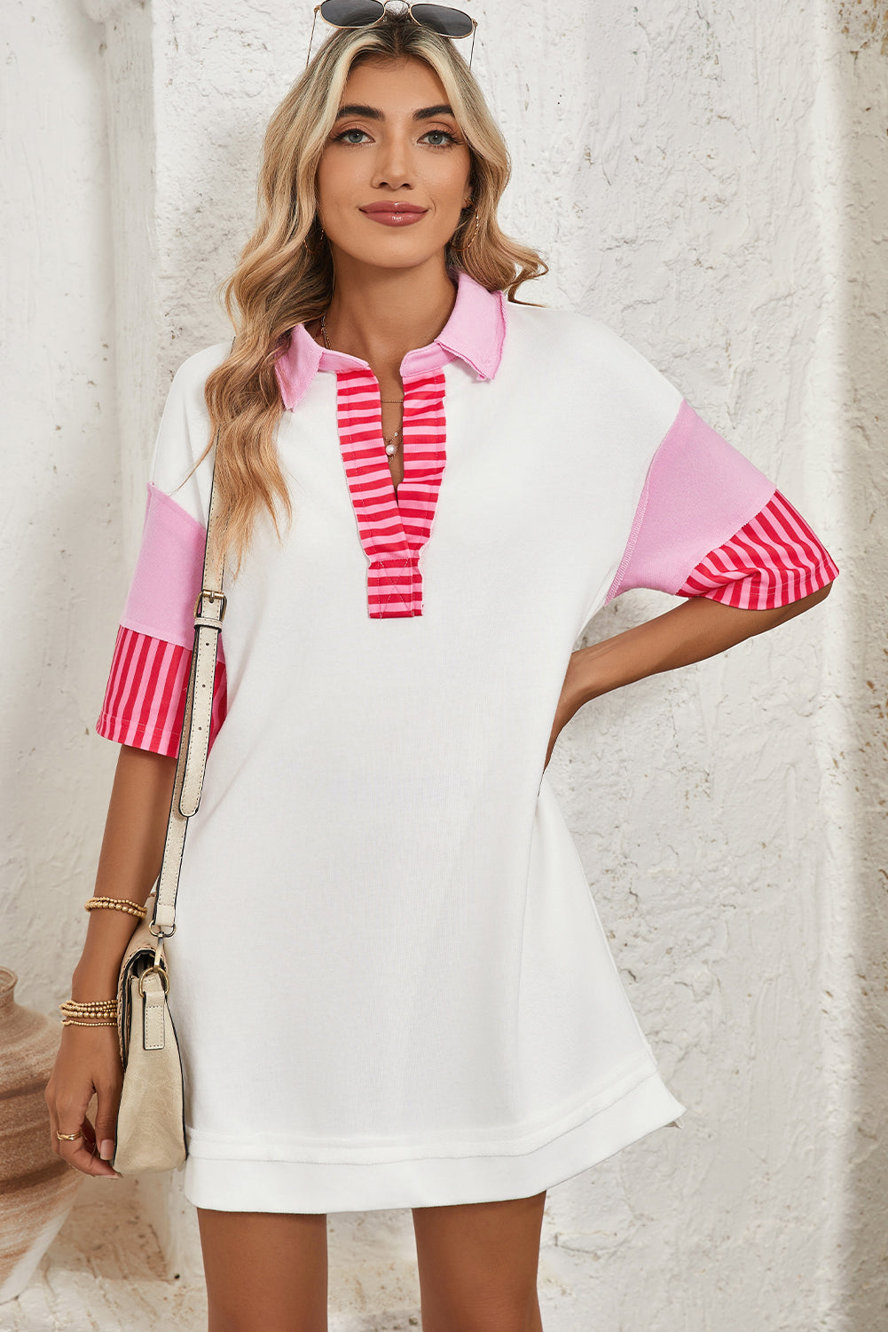 Pink Stripe Colorblock Sleeve Collared Mini DressMaterial:65%Polyester+35%Cotton

• The combination of pink and stripes adds a fun and trendy touch to your outfit.
• Embrace the relaxed vibes with the drop sleeve