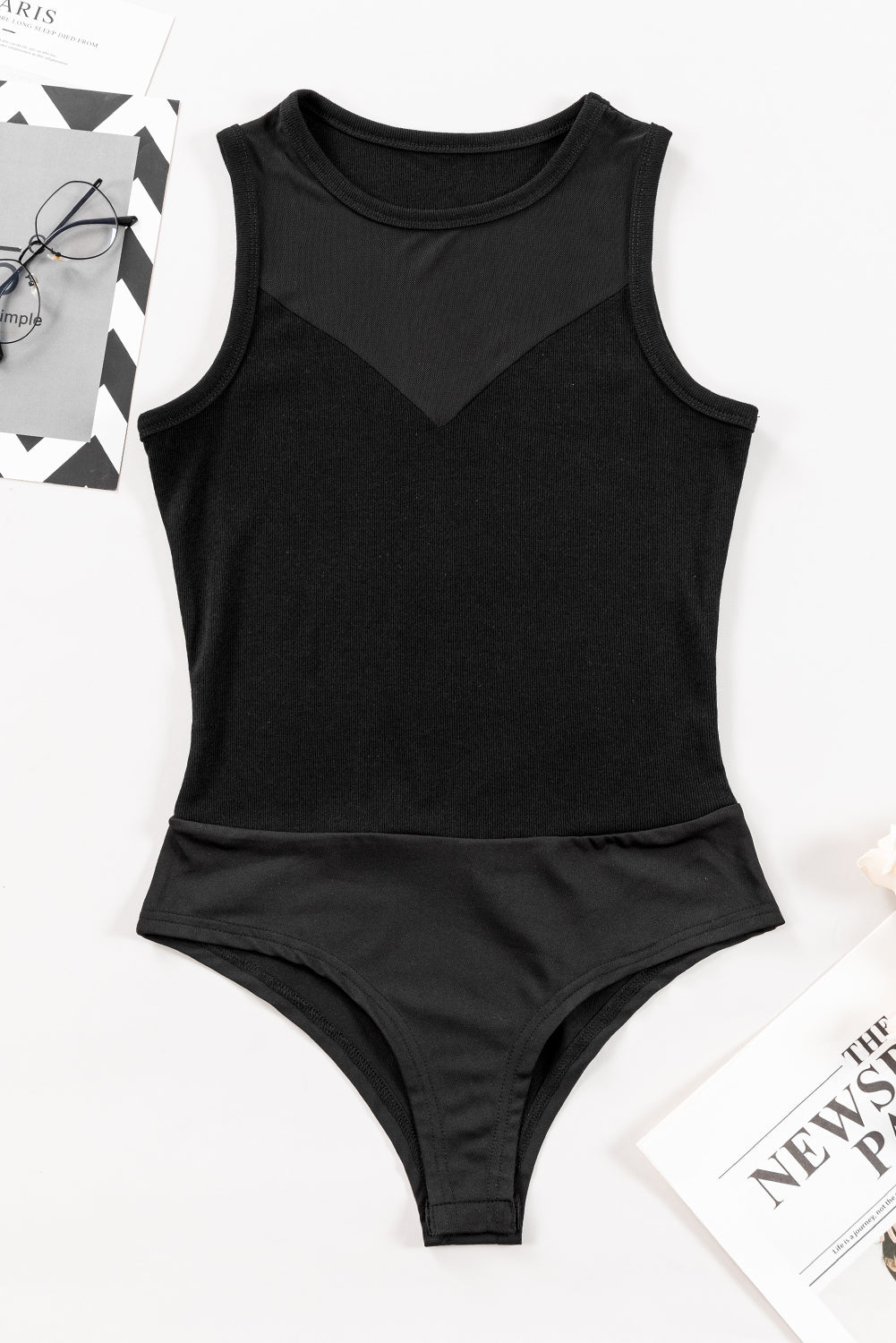 Black Mesh Patchwork Sleeveless Round Neck BodysuitMaterial:70%Polyester+25%Cotton+5%Elastane



		Ignite the allure with this black bodysuit, radiating sexiness and charm in a hot style. 
	
	
		The mesh patchwo