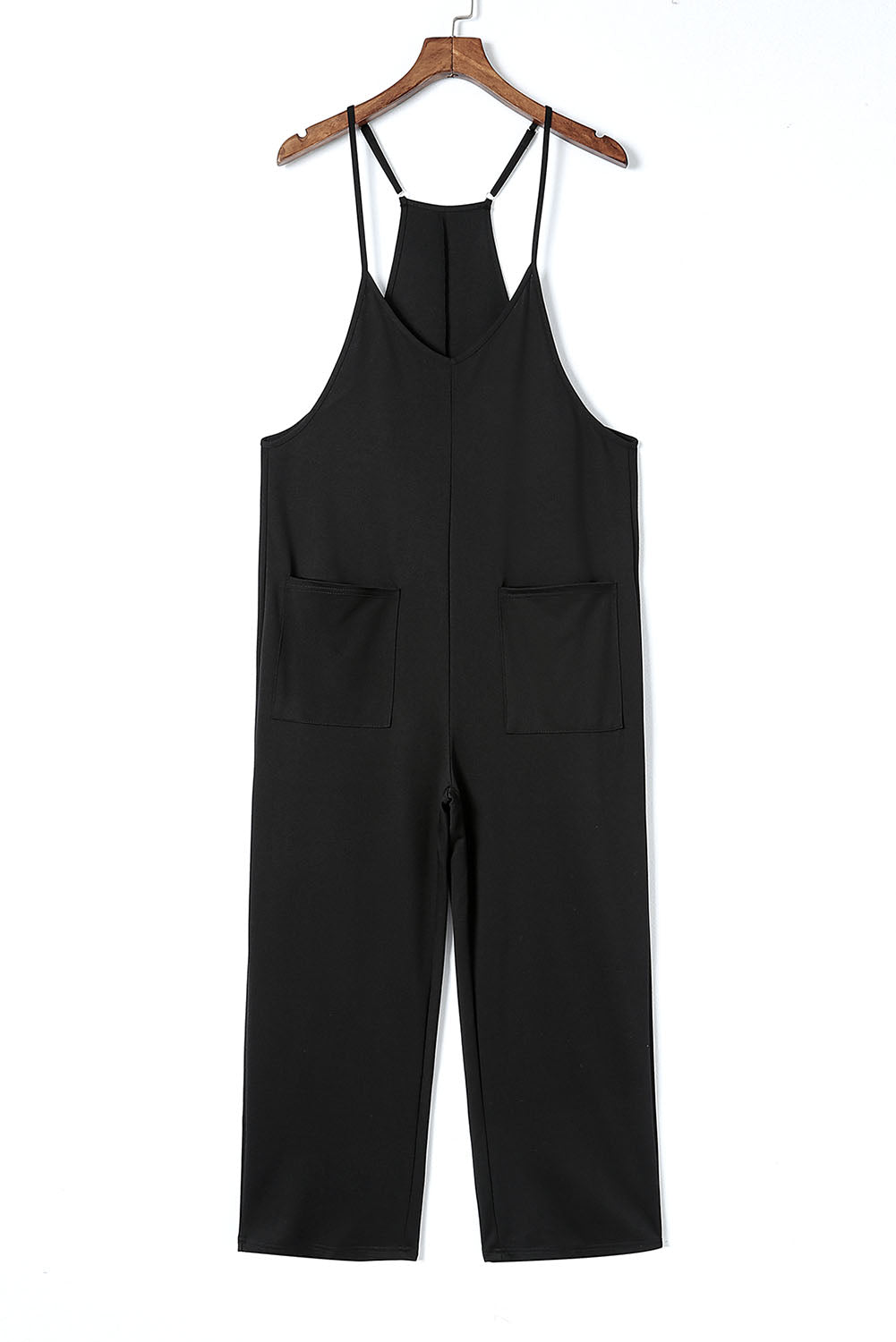 Black Pocketed Adjustable Spaghetti Strap Straight Leg JumpsuitMaterial:95%POLYESTER+5%ELASTANE


	


		Straight leg jumpsuit can perfectly shape
wearers’ leg shapes
	
	
		Adjustable spaghetti strap is perfect to
suit w