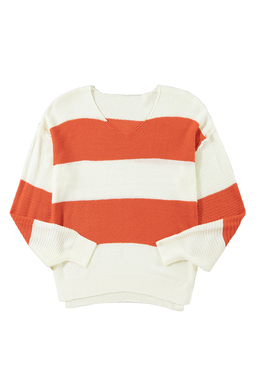 Orange Colorblock V Neck Side Slits SweaterMaterial:100%Acrylic

• Stand out in style with our sweater, blending casual stripes with a trendy rib-knit design.
• The vibrant orange hues add a pop of color to