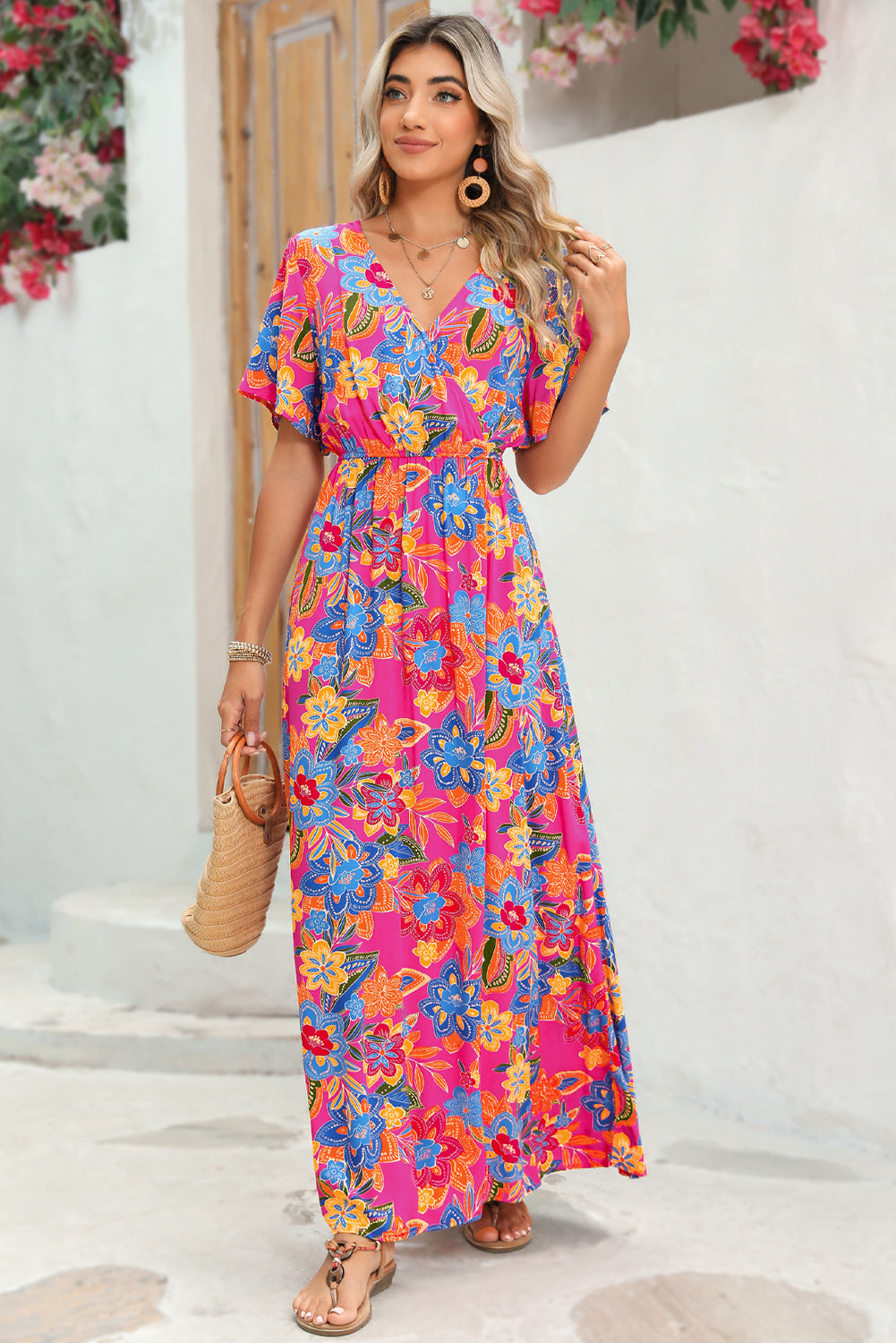 Abstract Botanic Print Wrap V Neck Short Sleeve Maxi DressMaterial:100%Viscose



		•The wrap style makes it a flattering and comfortable option for all body types.
	
	
		•The short sleeves make it ideal for warmer wea