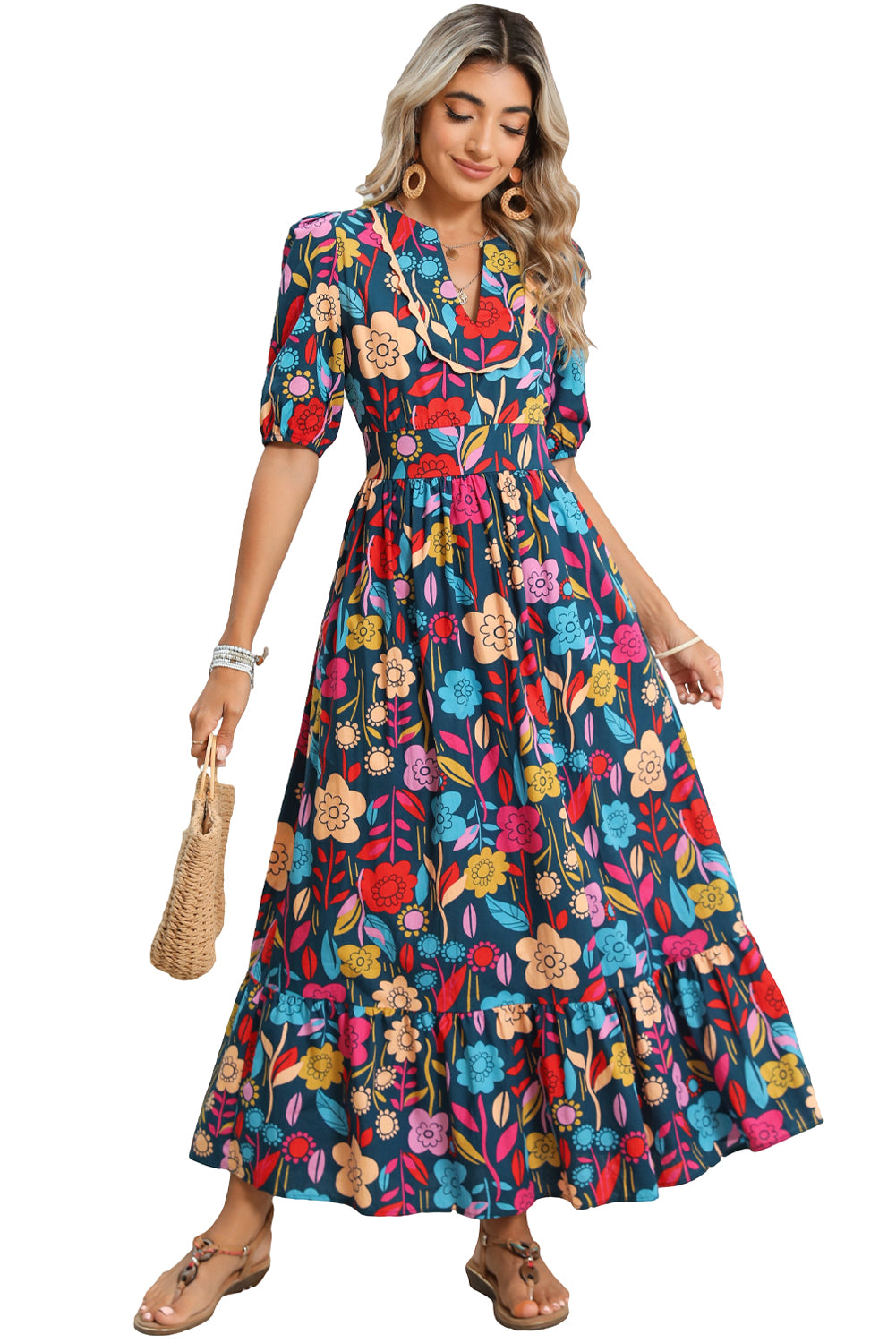 Green Floral Print Split V Neck Puff Sleeve Maxi DressMaterial:100%Cotton



		The dress is made from a soft and breathable fabric, ensuring comfort and a lightweight feel.
	
	
		This maxi dress features a split V 