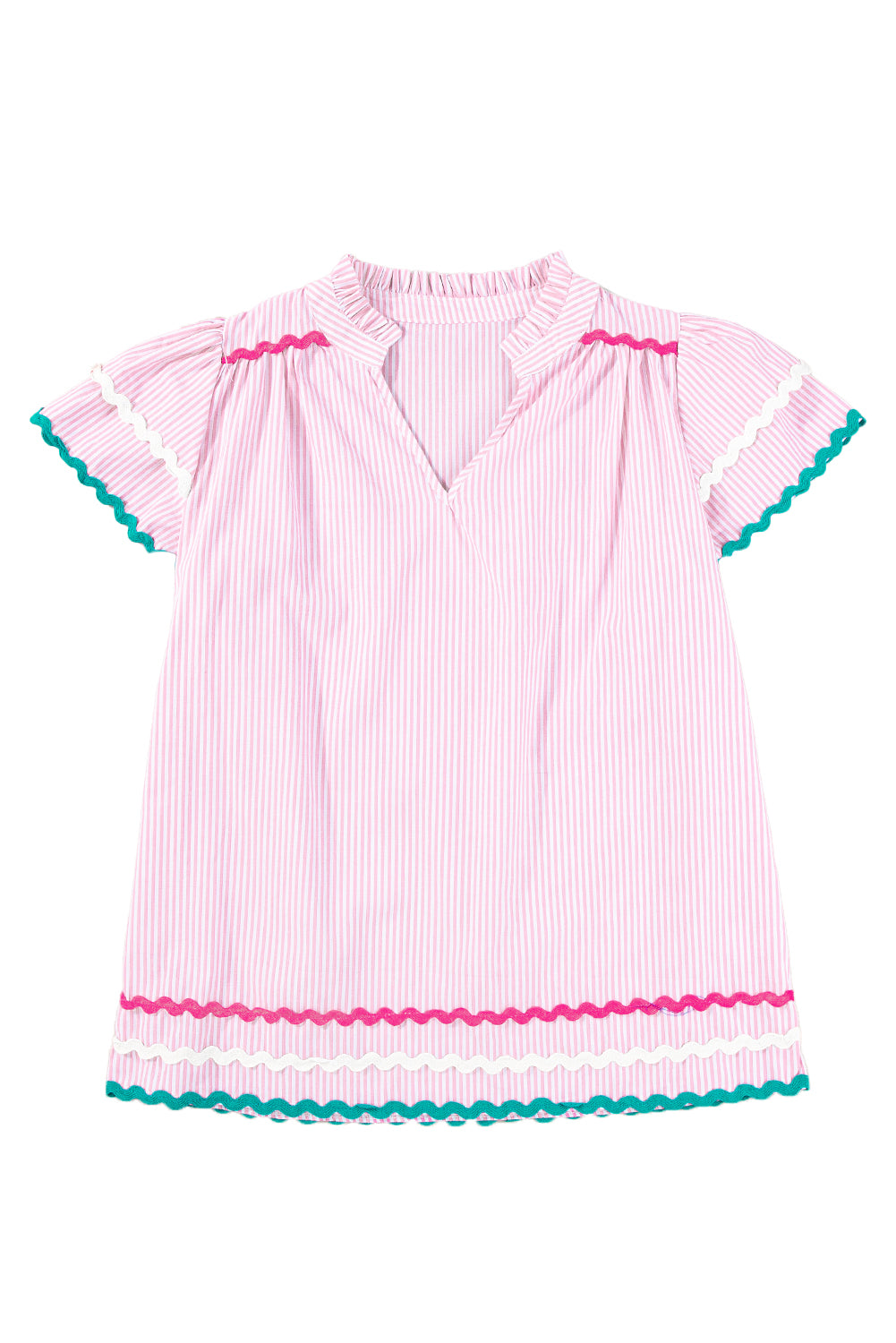 Sky Blue Striped Ricrac Splicing Frill V-Neck BlouseMaterial:100%Cotton



		Playful stripes: This blouse features a fun striped pattern with flirty frill details and a flattering V-neck.
	
	
		Chic and charming: