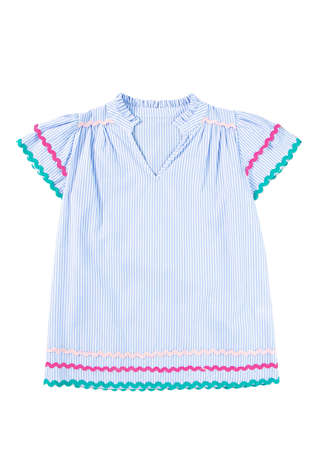 Sky Blue Striped Ricrac Splicing Frill V-Neck BlouseMaterial:100%Cotton



		Playful stripes: This blouse features a fun striped pattern with flirty frill details and a flattering V-neck.
	
	
		Chic and charming: