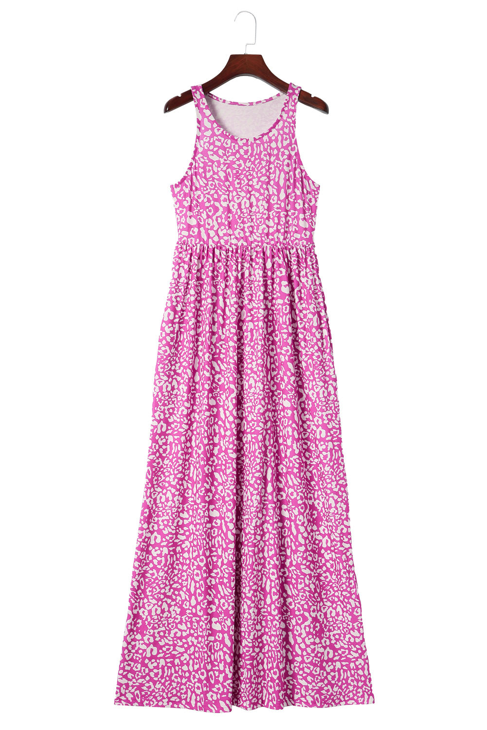Pink Sleeveless Floor Length Leopard Print Dress with PocketsMaterial:95%POLYESTER+5%ELASTANE



		•The dress features a bold and eye-catching leopard print design.
	
	
		•The floor length and sleeveless design make it pe