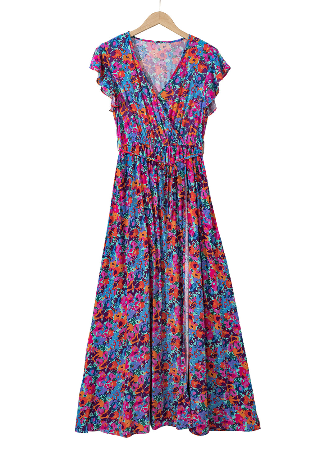 Blue Boho Floral Print V Neck Wrap Split Maxi DressMaterial:100%Viscose



		This high waist dress elongates the silhouette and creates a flattering hourglass shape
	
	
		The side slit adds a touch of allure and