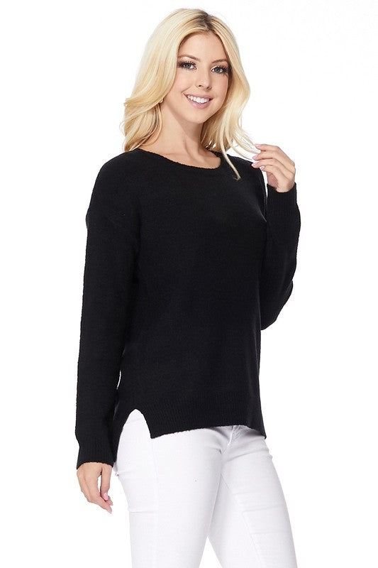 Crew-neck Knit Pullover Sweater with Side Slit- Length: 23-24"- 75% Soft Touch Acrylic, 22% Nylon, 3% Spandex Stretch- Cozy, Soft Mohair Like Acrylic with Spandex Stretch. - Thin, Comfortable, and Warm- Various 