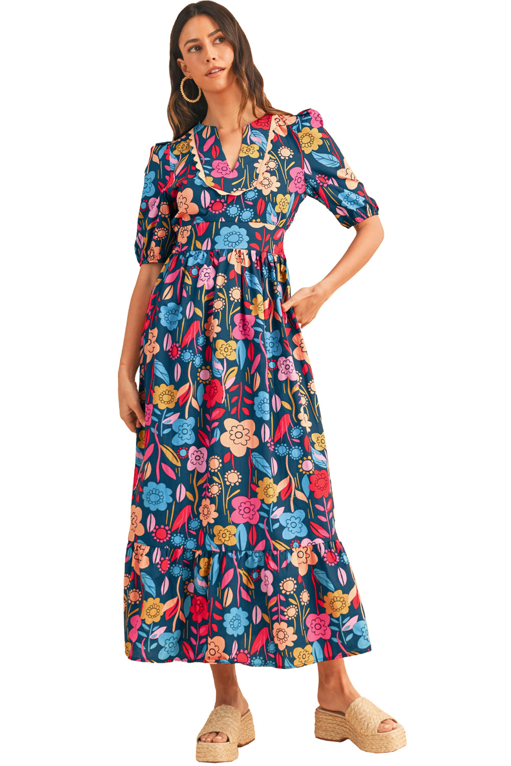 Green Floral Print Split V Neck Puff Sleeve Maxi DressMaterial:100%Cotton



		The dress is made from a soft and breathable fabric, ensuring comfort and a lightweight feel.
	
	
		This maxi dress features a split V 