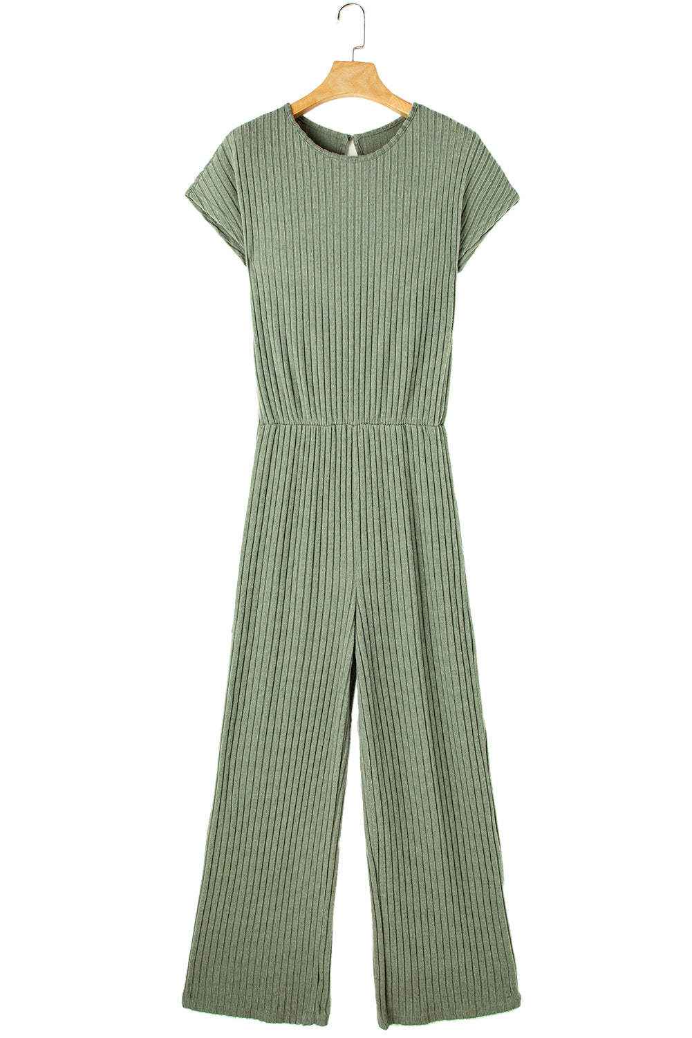 Grass Green Solid Color Ribbed Short Sleeve Wide Leg JumpsuitMaterial:85%Polyester+10%Viscose+5%Elastane



		The jumpsuit is a versatile and trendy one-piece outfit, featuring a solid color design that offers a sleek and mi