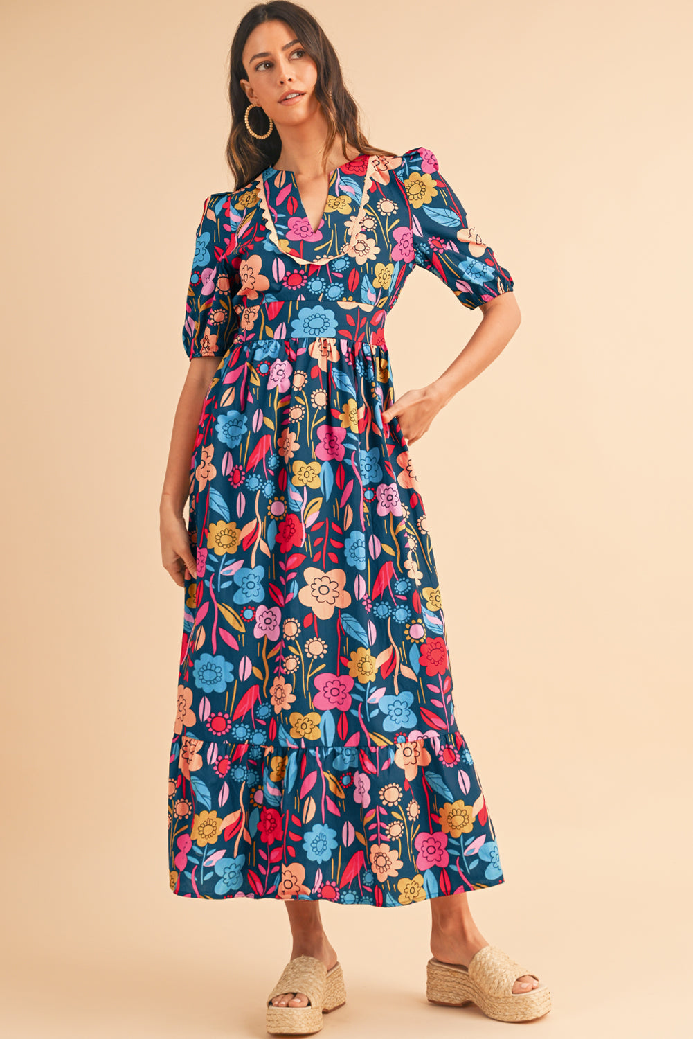 Green Floral Print Split V Neck Puff Sleeve Maxi DressMaterial:100%Cotton



		The dress is made from a soft and breathable fabric, ensuring comfort and a lightweight feel.
	
	
		This maxi dress features a split V 