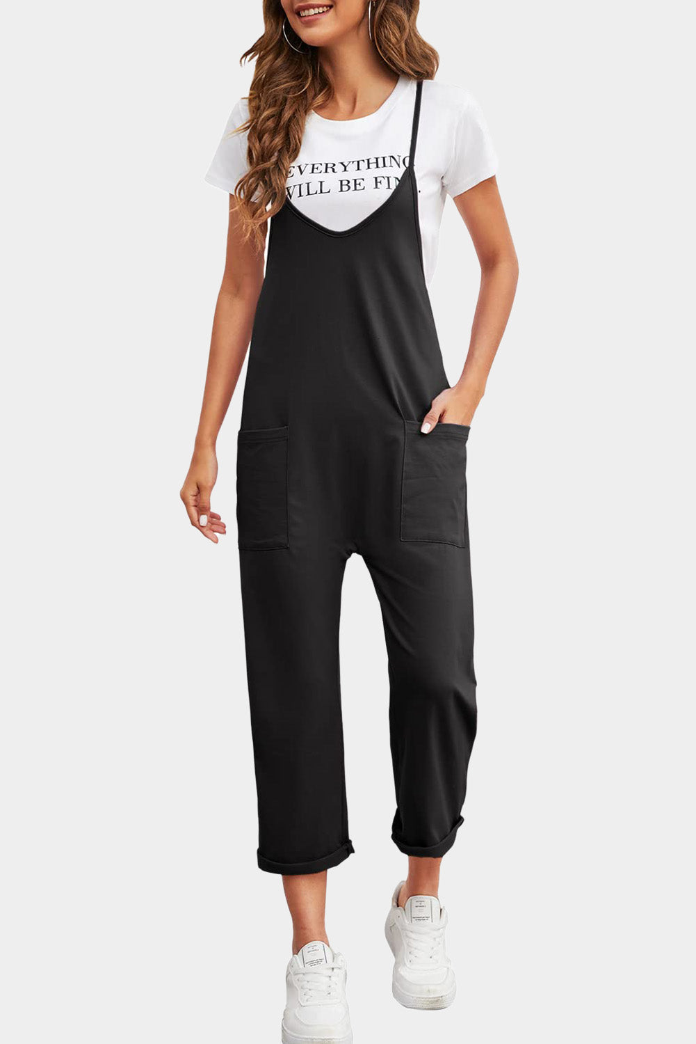 Black Pocketed Adjustable Spaghetti Strap Straight Leg JumpsuitMaterial:95%POLYESTER+5%ELASTANE


	


		Straight leg jumpsuit can perfectly shape
wearers’ leg shapes
	
	
		Adjustable spaghetti strap is perfect to
suit w