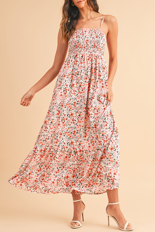 White Boho Floral Self-tie Smocked Ruffle Maxi DressMaterial:100%Polyester


	


		The maxi dress showcases a bohemian-inspired style with its floral print and smocked details, perfect for embracing a romantic and