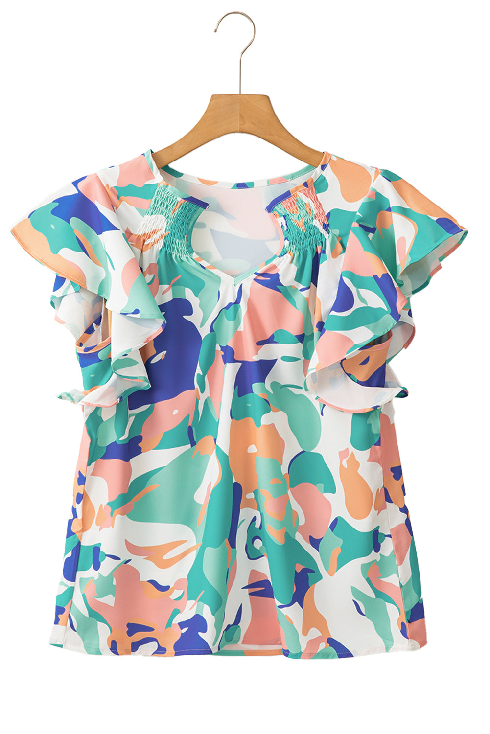 Green Abstract Print Smocked Notched Neck Ruffle Sleeve BlouseMaterial:100%Polyester

• Embrace a bohemian spirit with the blouse, featuring a vibrant green hue that adds a pop of color to any outfit.
• The abstract print des