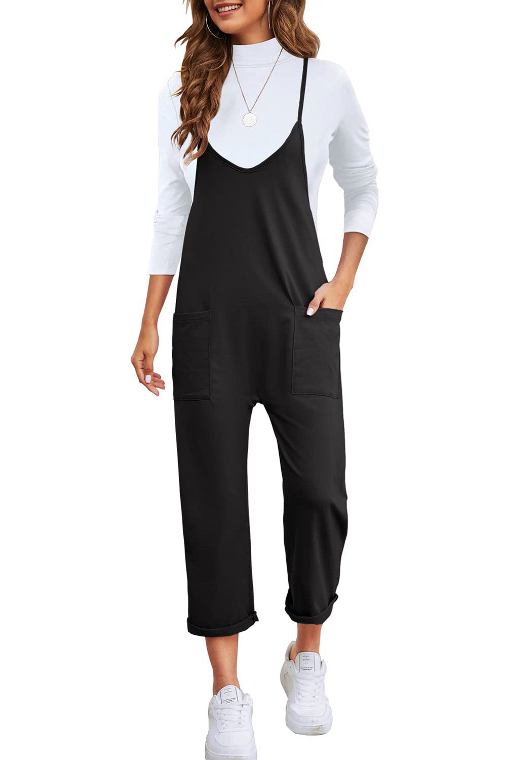 Black Pocketed Adjustable Spaghetti Strap Straight Leg JumpsuitMaterial:95%POLYESTER+5%ELASTANE


	


		Straight leg jumpsuit can perfectly shape
wearers’ leg shapes
	
	
		Adjustable spaghetti strap is perfect to
suit w