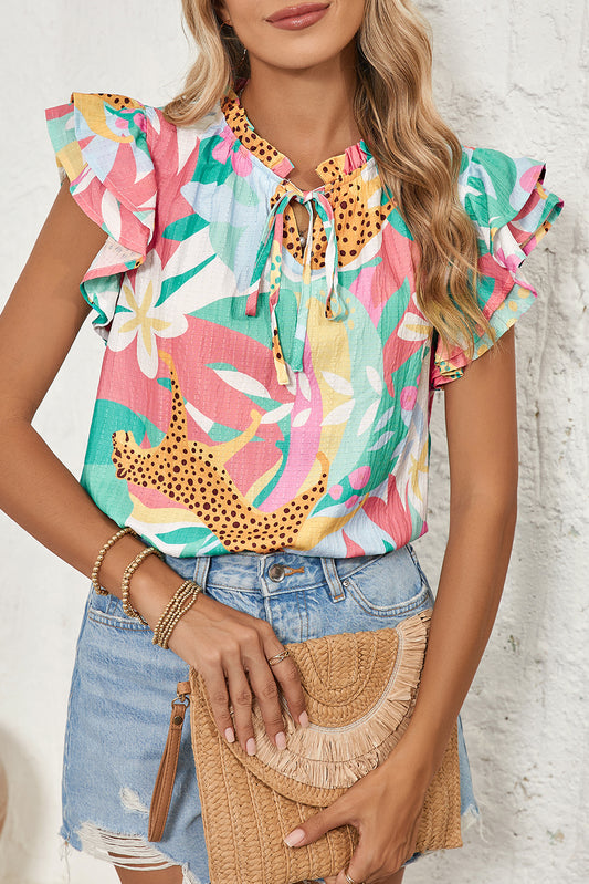 Green Tie Split Neck Ruffle Summer Cheetah Floral BlouseMaterial:100%Polyester

• Embrace the wild side of fashion with this blouse that effortlessly combines leopard print and floral patterns for a bold statement piece.