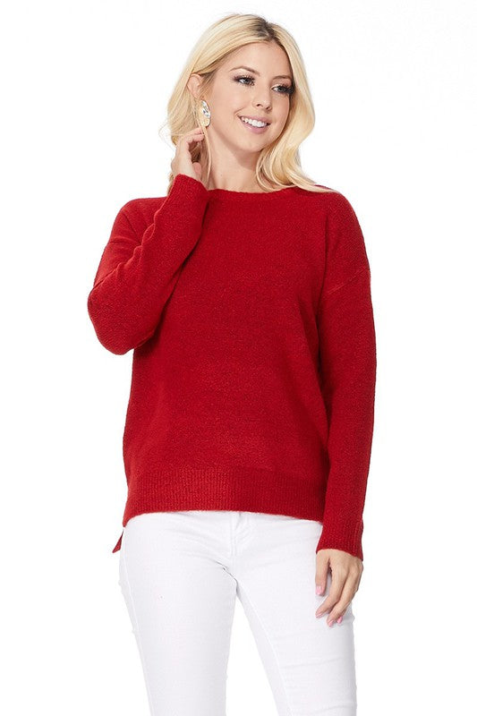 Crew-neck Knit Pullover Sweater with Side Slit- Length: 23-24"- 75% Soft Touch Acrylic, 22% Nylon, 3% Spandex Stretch- Cozy, Soft Mohair Like Acrylic with Spandex Stretch. - Thin, Comfortable, and Warm- Various 