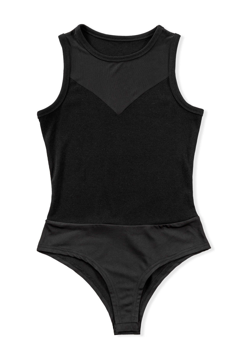 Black Mesh Patchwork Sleeveless Round Neck BodysuitMaterial:70%Polyester+25%Cotton+5%Elastane



		Ignite the allure with this black bodysuit, radiating sexiness and charm in a hot style. 
	
	
		The mesh patchwo