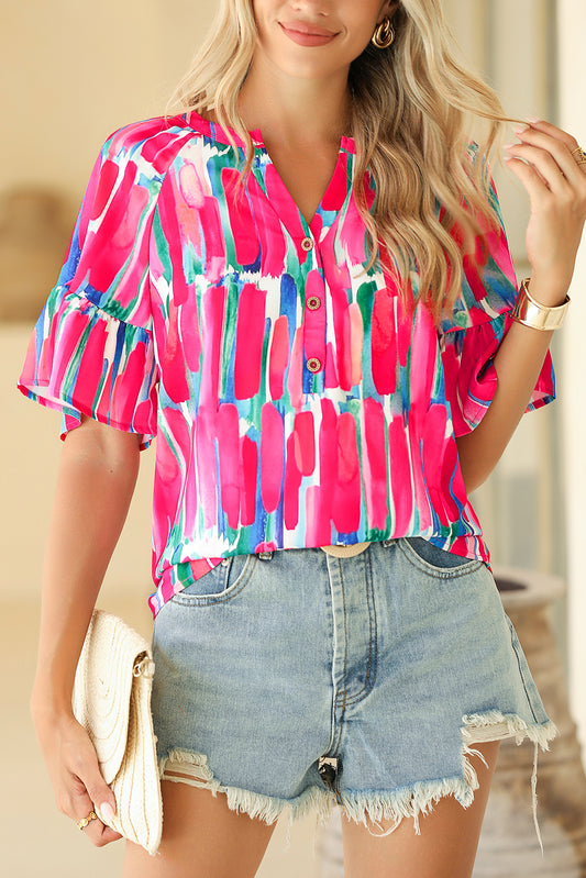 Rose Abstract Brushwork Print Buttoned V Neck BlouseMaterial:100%Polyester



		The abstract brushwork print on this blouse adds a chic and unique touch, making it stand out in style. 
	
	
		Crafted from lightwei