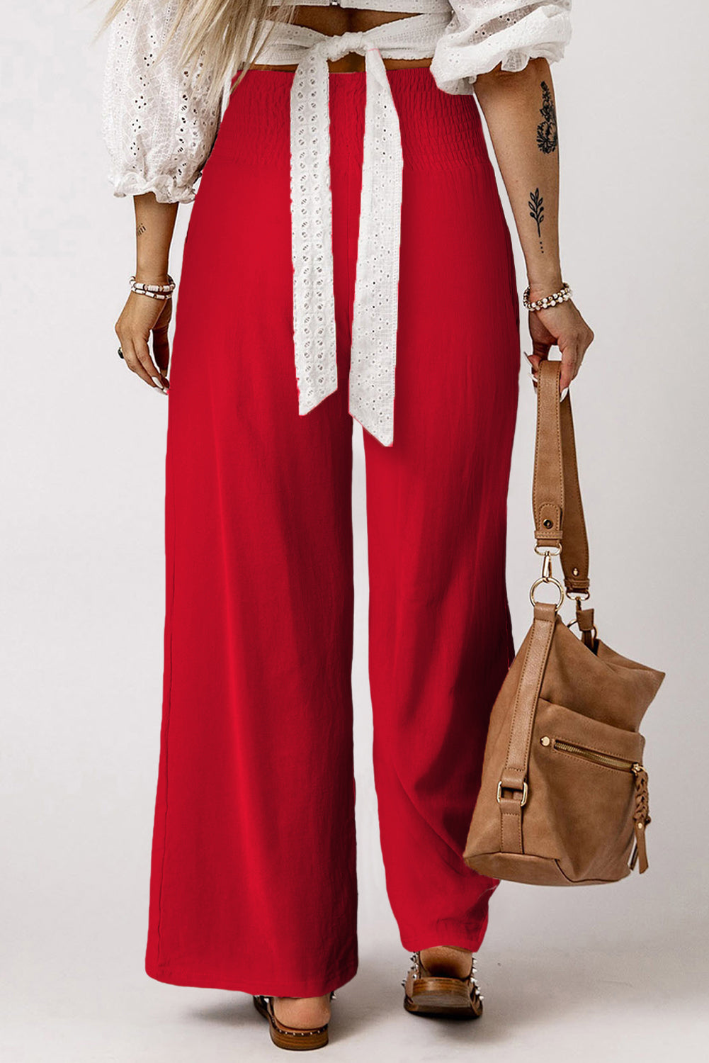 Black Smocked Wide Waistband High Waist Wide Leg PantsMaterial:65%COTTON+35%POLYESTER



		Flattering smocked waistband cinches at the
waist for a lovely silhouette
	
	
		High waist design elongates legs for a
st