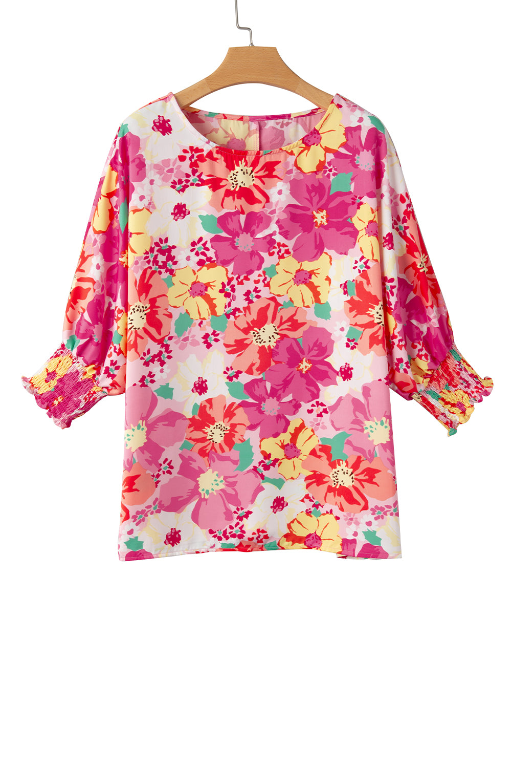 Pink Shirred Cuffs 3/4 Sleeve Boho Floral BlouseMaterial:100%Polyester



		The blouse is a stylish and feminine top featuring shirred cuffs and a boho-inspired floral print, adding a touch of bohemian charm to 
