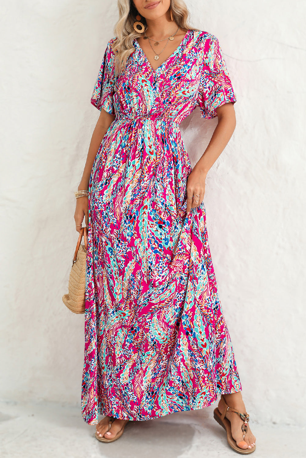 Abstract Botanic Print Wrap V Neck Short Sleeve Maxi DressMaterial:100%Viscose



		•The wrap style makes it a flattering and comfortable option for all body types.
	
	
		•The short sleeves make it ideal for warmer wea