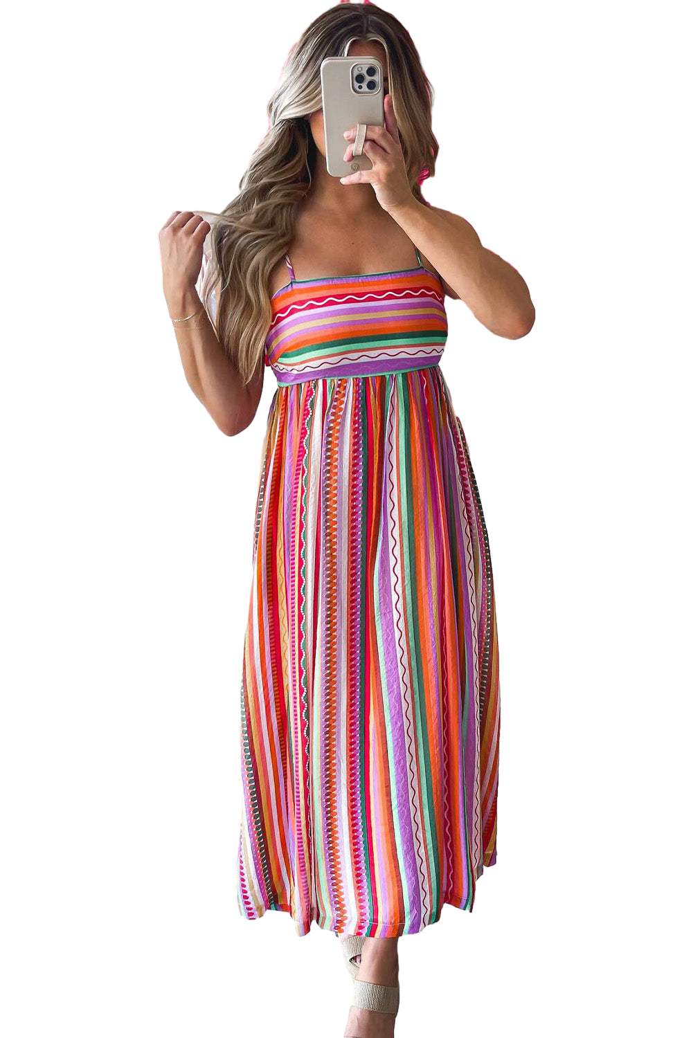 Multicolour Boho Striped Spaghetti Strap Smocked Back Maxi DressMaterial:100%Polyester

• Embrace a vibrant blend of colors in this maxi dress, perfect for daily wear with its relaxed, sleeveless design.
• The shirred back ensu