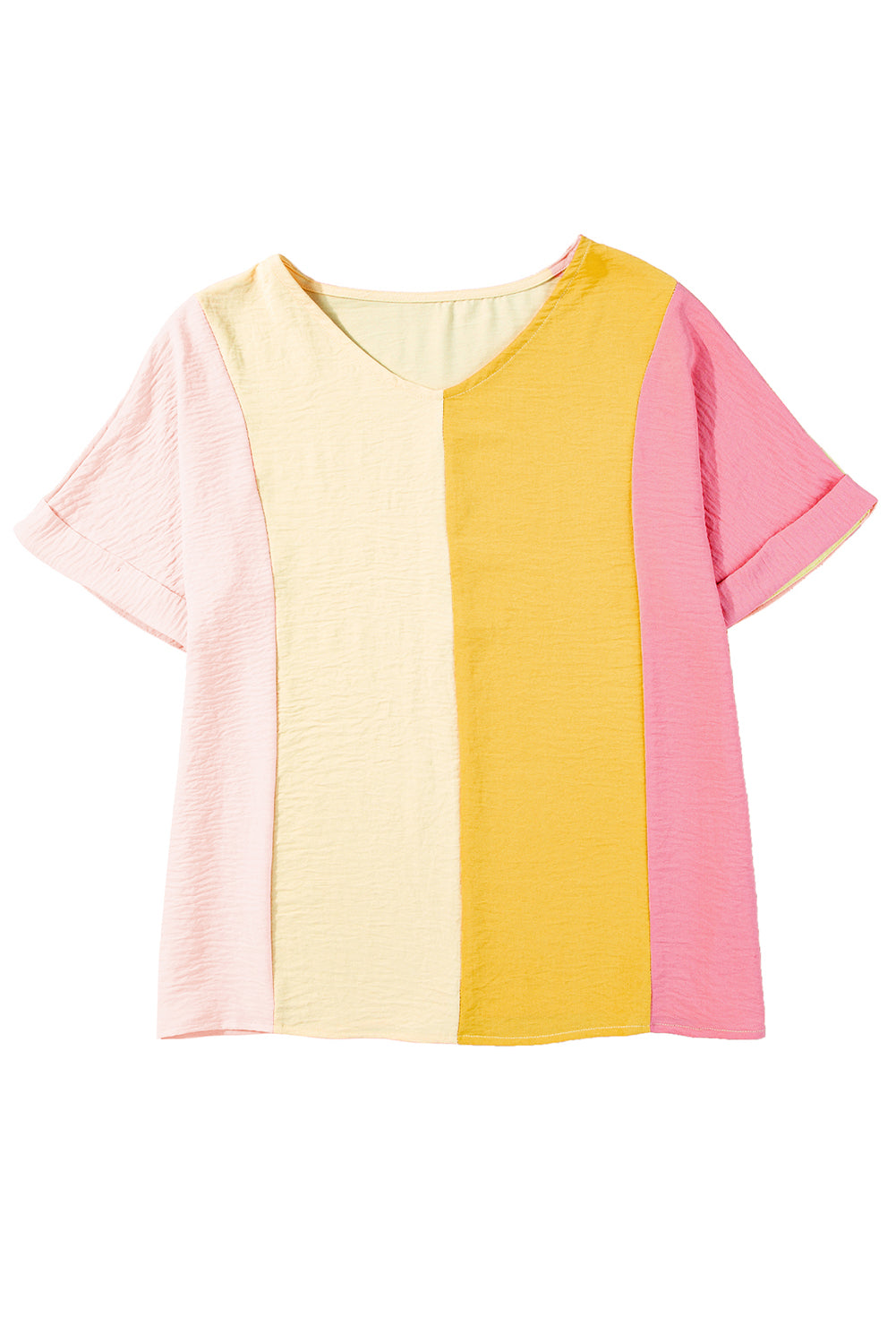 Apricot Colorblock Patchwork V-Neck Crinkled BlouseMaterial:100%Polyester



		Step up your style game with our blouse, a versatile piece that effortlessly combines elegance and comfort.
	
	
		This blouse featur