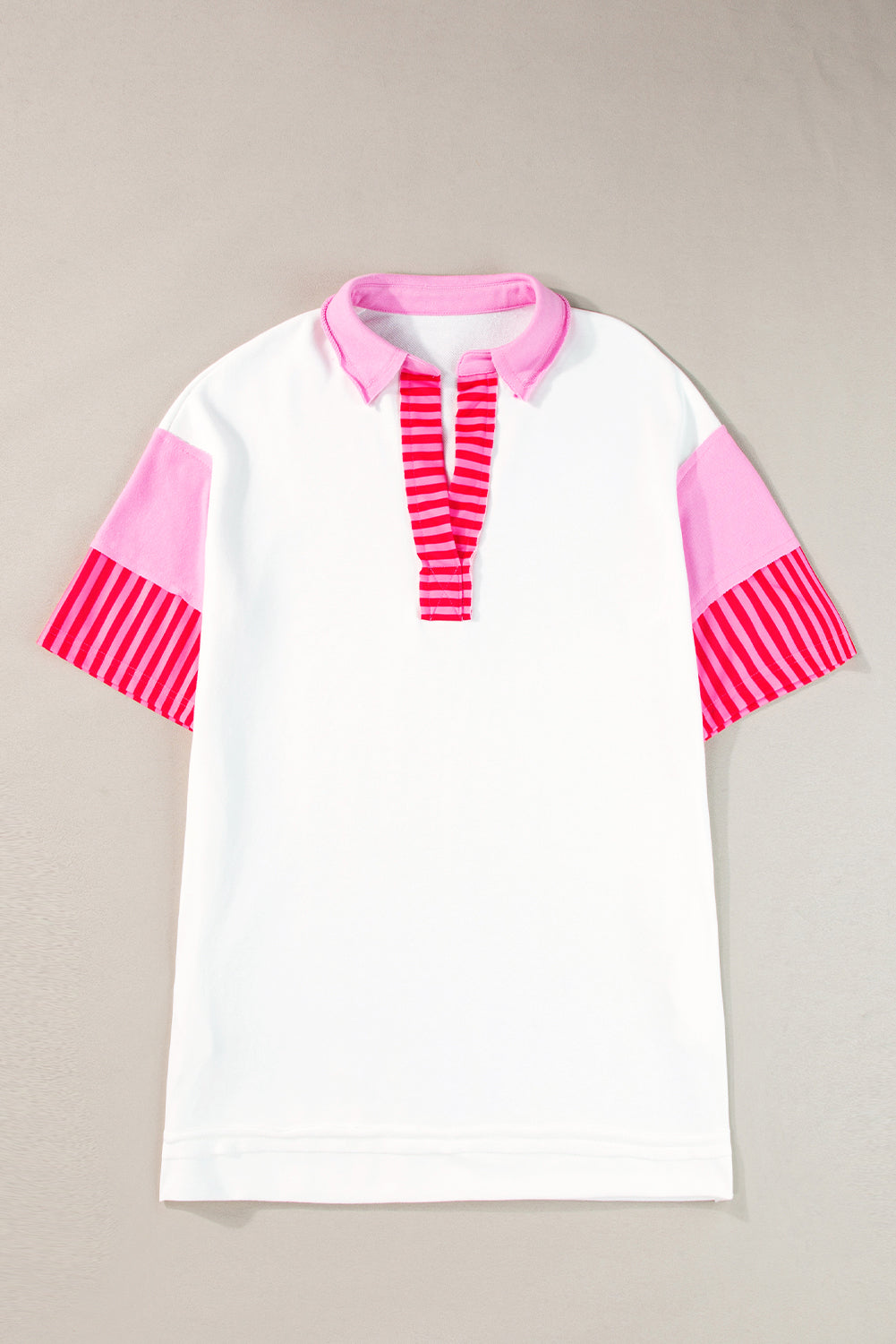 Pink Stripe Colorblock Sleeve Collared Mini DressMaterial:65%Polyester+35%Cotton

• The combination of pink and stripes adds a fun and trendy touch to your outfit.
• Embrace the relaxed vibes with the drop sleeve