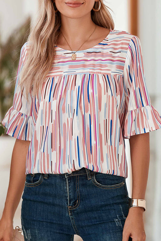 White Abstract Print Ruffle Half Sleeve BlouseMaterial:100%Polyester



		The blouse features a colorblock design, where different colors are strategically placed to create a visually striking contrast. 
	
	