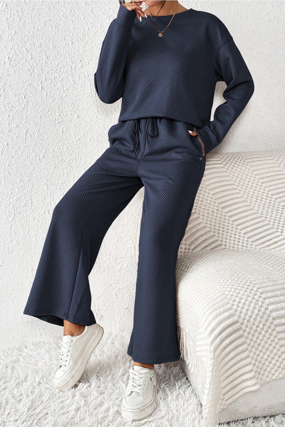 Red Dahlia Textured Loose Slouchy Long Sleeve Top and Pants SetMaterial:95%POLYESTER+5%ELASTANE



		Our Gray Textured Loose Slouchy Long Sleeve Top and Pants Set, a comfortable and stylish ensemble that is perfect for loungin