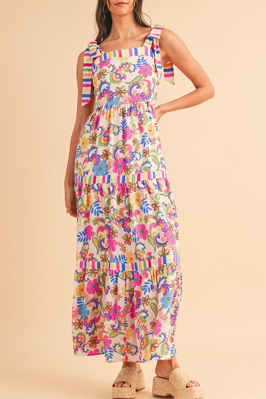 Rose Red Striped Trim Tie Straps Floral Maxi DressMaterial:100%Polyester


	


		Embrace a touch of elegance with our maxi dress, crafted from a soft, breathable fabric that ensures comfort and style, perfect fo