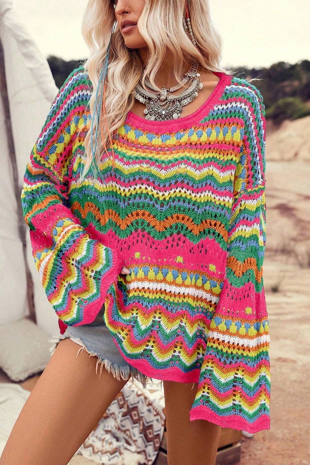 Rose Red Colorblock Striped Hollowed Knit Loose SweaterMaterial:55%Acrylic+45%Cotton

• Stay cozy and stylish in this sweater featuring a unique hollowed knit design for a trendy boho look.
• The loose fit of this swea