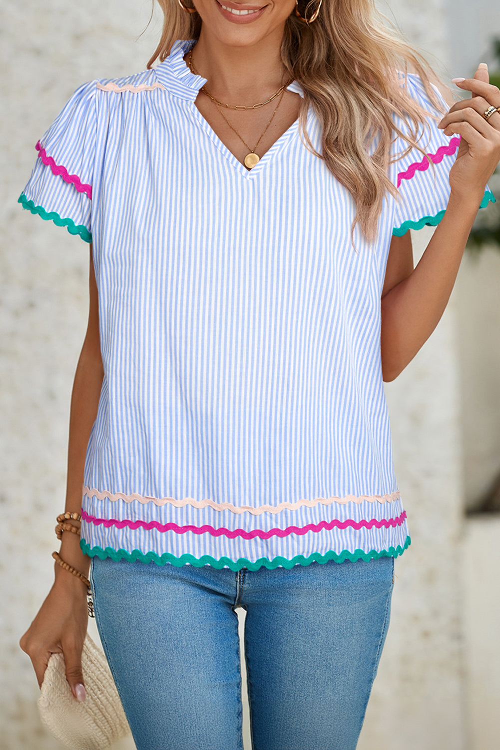 Sky Blue Striped Ricrac Splicing Frill V-Neck BlouseMaterial:100%Cotton



		Playful stripes: This blouse features a fun striped pattern with flirty frill details and a flattering V-neck.
	
	
		Chic and charming: