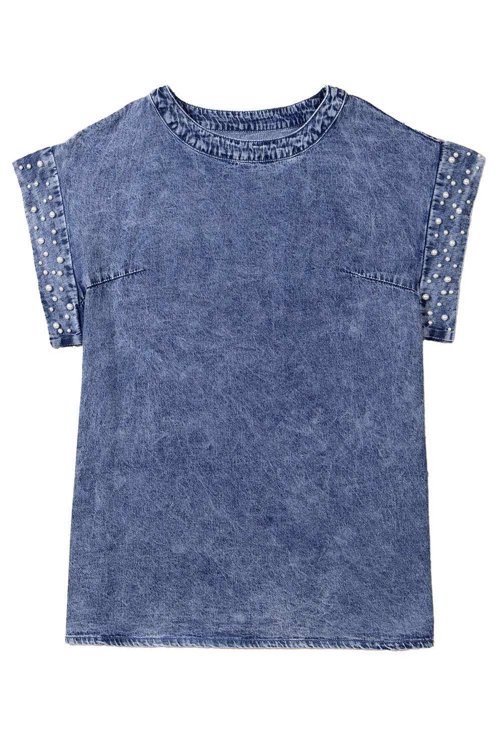 Dusk Blue Acid Wash Pearl Embellishment O Neck Denim TopMaterial:100%Cotton



		The top features a trendy acid wash design with pearl embellishments, adding a touch of sophistication to your outfit.
	
	
		This denim