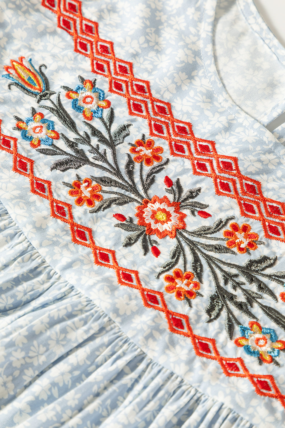 Sky Blue Boho Embroidered Floral Print Flutter Sleeve BlouseMaterial:100%Viscose



		The hobo embroidered detailing showcases skilled craftsmanship and adds a bohemian flair
	
	
		The floral pattern brings a touch of fe