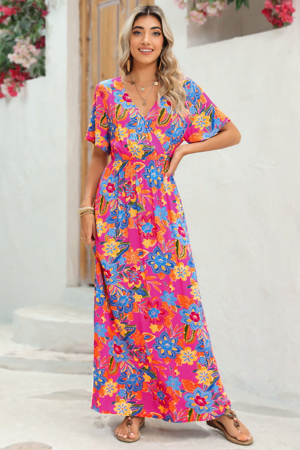 Abstract Botanic Print Wrap V Neck Short Sleeve Maxi DressMaterial:100%Viscose



		•The wrap style makes it a flattering and comfortable option for all body types.
	
	
		•The short sleeves make it ideal for warmer wea