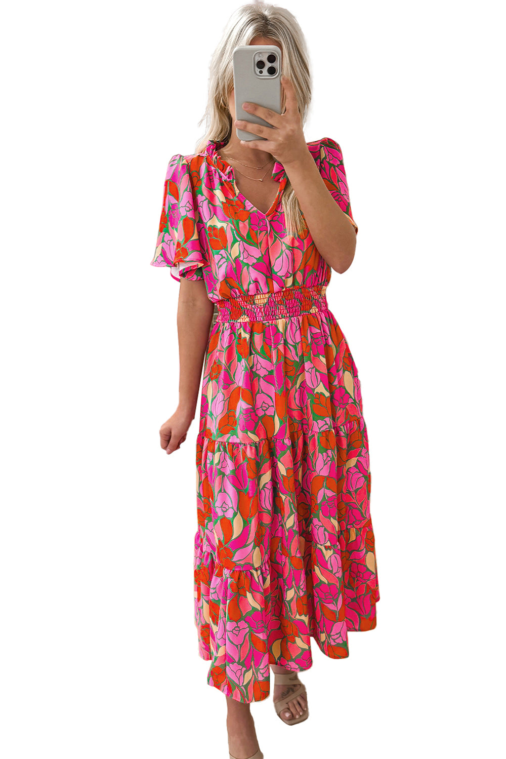 Rose Floral Flounce Sleeve Smocked Waist Tiered Maxi DressMaterial:100%Polyester

• Exude bohemian elegance in this maxi dress, featuring a smocked waist for a flattering silhouette.
• The tiered design adds a whimsical t