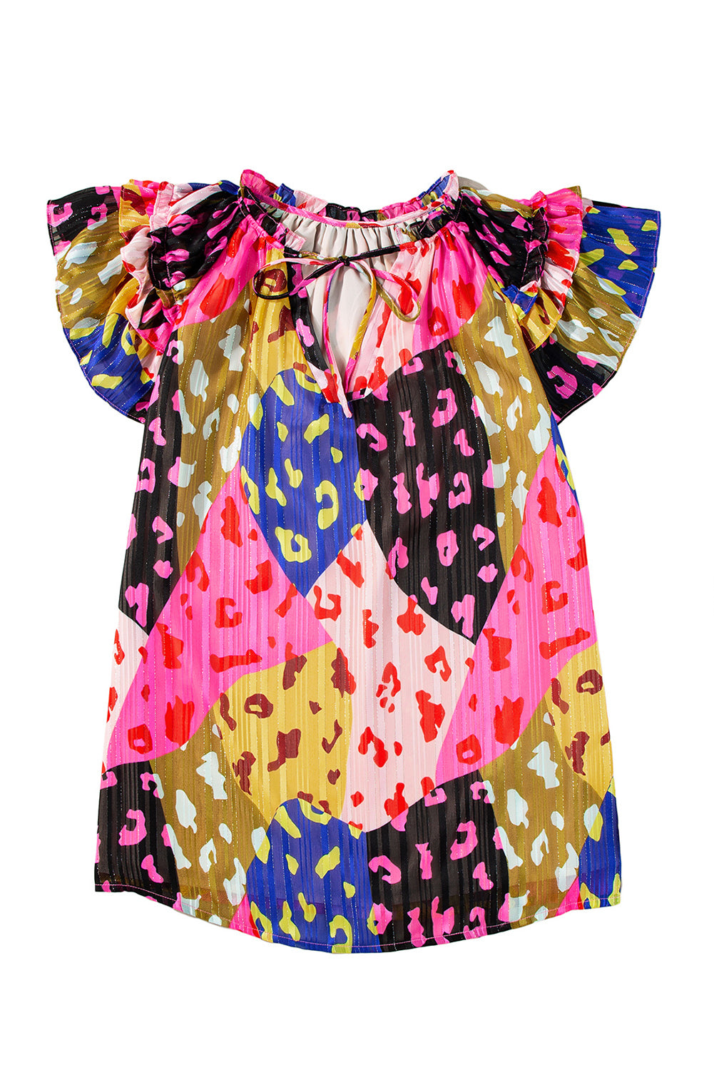 Multicolour Leopard Flutter Sleeve V Neck Crinkled BlouseMaterial:100%Polyester

• Stand out in style with this blouse, perfect for adding a touch of wild elegance to your wardrobe.
• The vibrant multicolored leopard pri