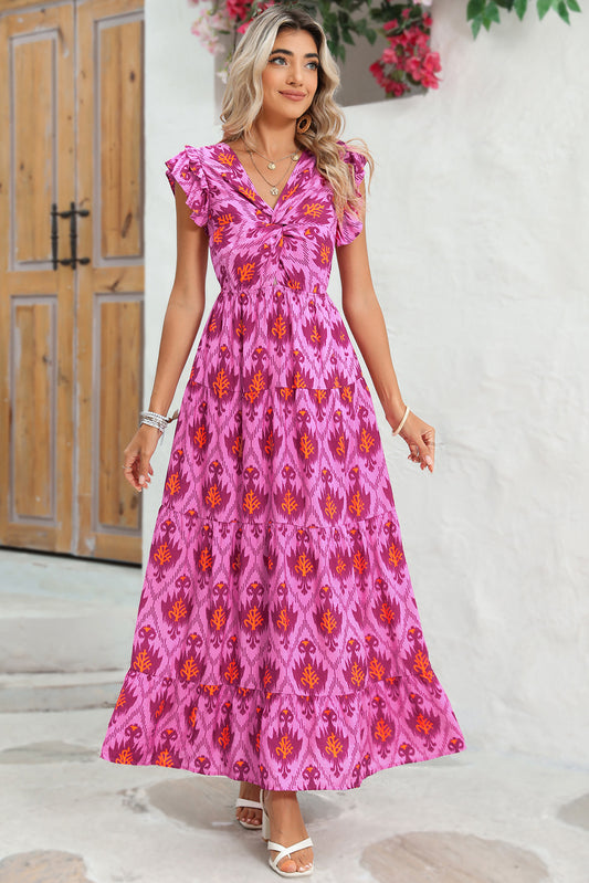 Bonbon Boho Abstract Print Ruffle Tiered Maxi DressMaterial:81%Viscose+19%Polyamide



		The dress embodies a bohemian style, characterized by its free-spirited and relaxed aesthetic. 
	
	
		The maxi length of t