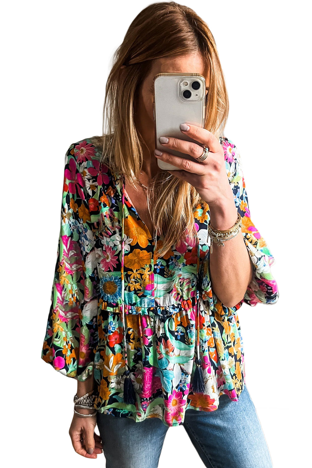 Multicolour Boho Floral V Neck Lantern Sleeve BlouseMaterial:100%Polyester

• Embrace boho-chic vibes with our blouse, featuring vibrant hues and a tie front design for a stylish look.
• The lantern sleeves add a to