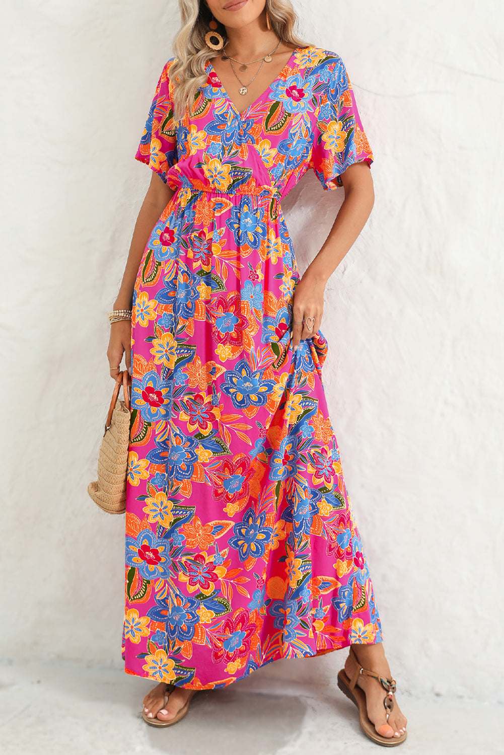 Abstract Botanic Print Wrap V Neck Short Sleeve Maxi DressMaterial:100%Viscose



		•The wrap style makes it a flattering and comfortable option for all body types.
	
	
		•The short sleeves make it ideal for warmer wea