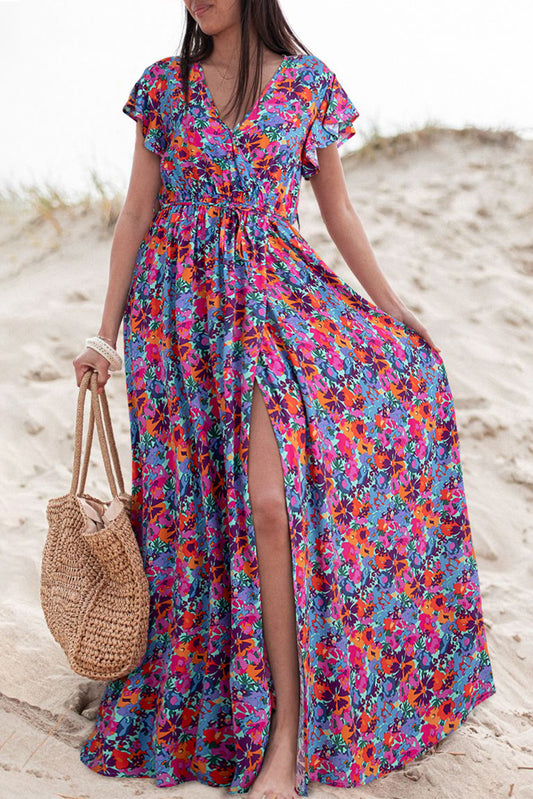 Blue Boho Floral Print V Neck Wrap Split Maxi DressMaterial:100%Viscose



		This high waist dress elongates the silhouette and creates a flattering hourglass shape
	
	
		The side slit adds a touch of allure and