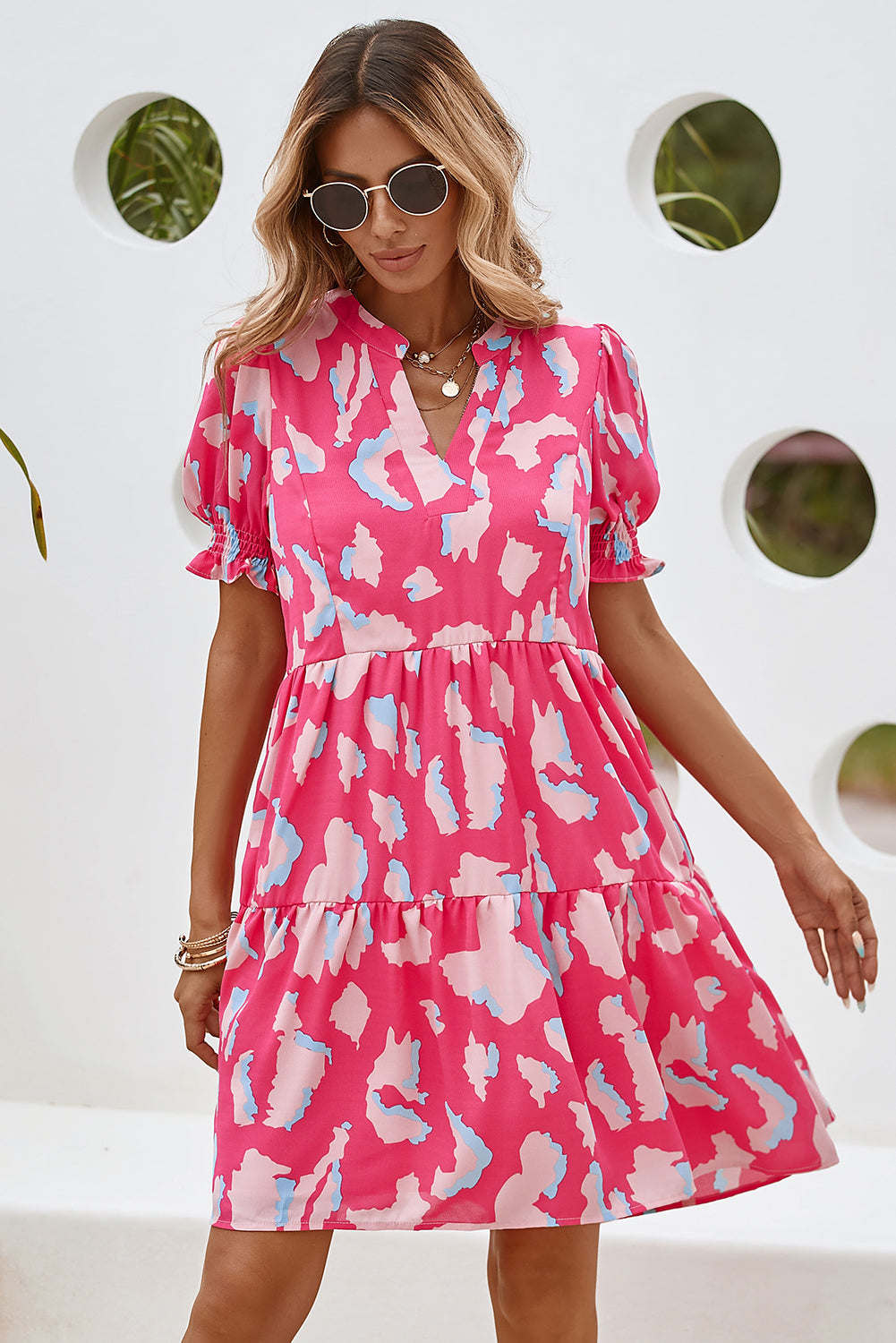 Pink Abstract Print V Neck Smocked Sleeve Mini DressMaterial:100%Polyester


	


		Stand out in style with our mini dress, featuring a unique print and flattering silhouette that exudes charm and sophistication.
