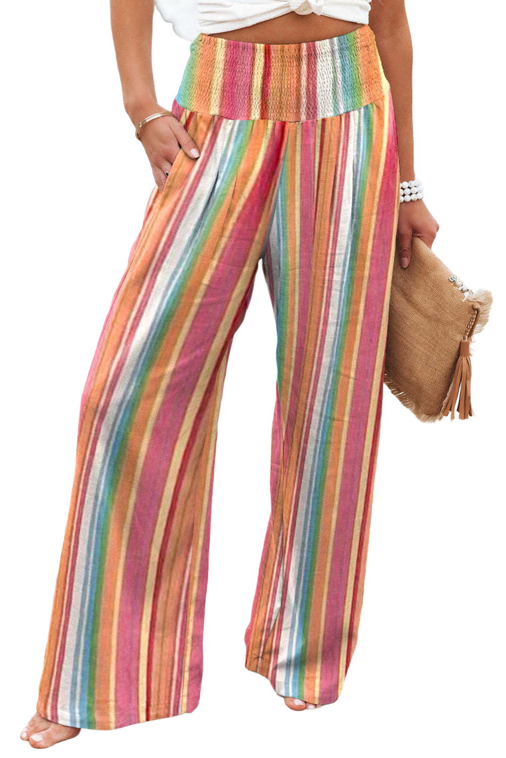 Multicolor Striped Smocked High Waisted Wide Leg Beach PantsMaterial:100%Polyester



		Made of lightweight and breathable fabric perfect for the beach or summer days.
	
	
		Features a smocked high waist design for a fla