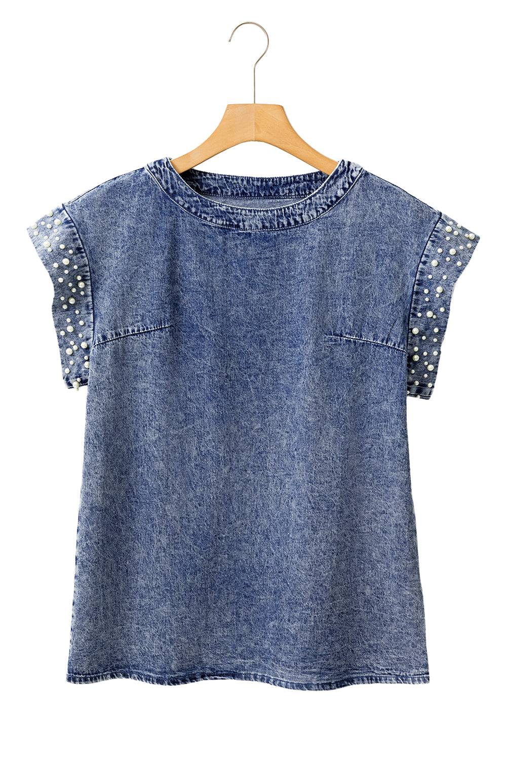 Dusk Blue Acid Wash Pearl Embellishment O Neck Denim TopMaterial:100%Cotton



		The top features a trendy acid wash design with pearl embellishments, adding a touch of sophistication to your outfit.
	
	
		This denim