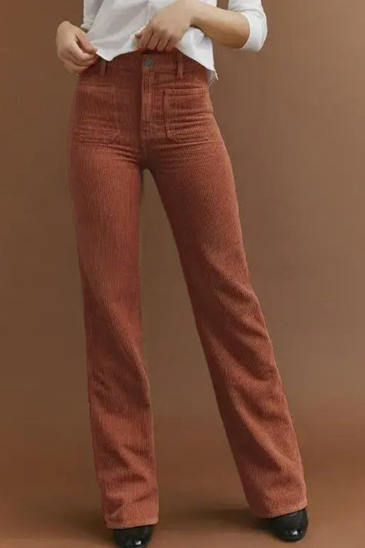 Brown High Waist Pockets Corduroy Flare Leg PantsMaterial:95%POLYESTER+5%ELASTANE



		Designed for daily and casual occasions, these pants are popular among ladies
	
	
		Square pockets at the front add a touc